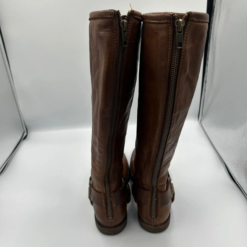 Frye Melissa Harness Boots Womens 7.5B Brown Leather Extended Calf 76850